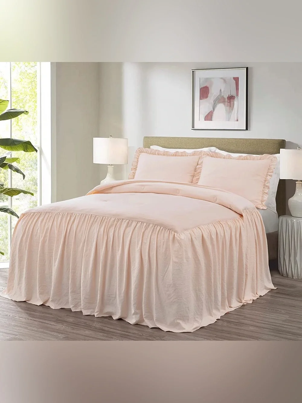 Classic Ruffled Queen 3 piece Bedspread Set in Soft Blush Pink